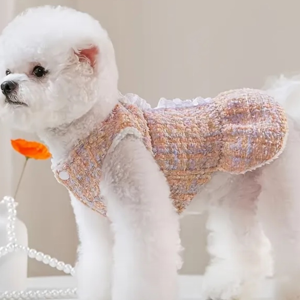 Chic Elegant Classy Tweed Terry Cloth Pearl Pink Peach Purple Dog Dress Coat XS - Picture 3 of 4